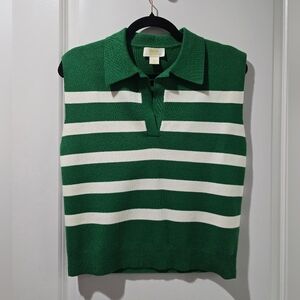 NWOT Maeve Sweater Vest, Green W/ White Stripes And Collar